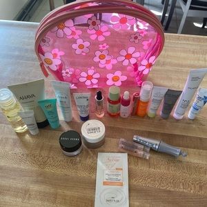 Ulta Cosmetic Bag with samples- 22 pieces + two larger Amika Reset scalp oil 2oz